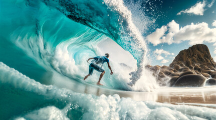 Naklejka premium Surfer Carves Through a Crystal-Clear Wave: Epic Surfing Action in a Tropical Paradise. Riding the Perfect Wave 
