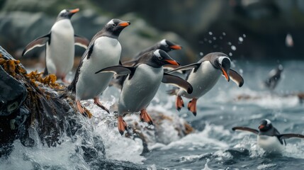 Obraz premium Penguins diving off rock together into sea
