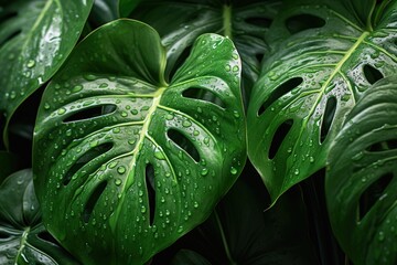 Fototapeta premium A close-up of a green plant with droplets of water on its leaves, set against a backdrop of a green plant with lush foliage