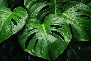 Fototapeta premium A macro shot of a giant green foliage with water droplets cascading off it against a backdrop of lush greenery