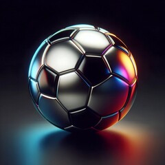 Naklejka premium Chromatic Metal Soccer Ball with Colorful Iridescence Gradient Reflections on Black Background