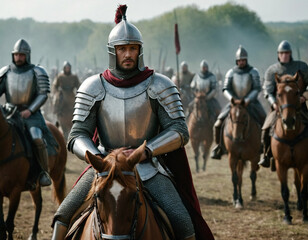 A mounted knight in armor commands a group of soldiers on horseback across a grassy area under a hazy sky.