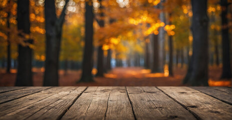 Autumn background , design blank , wooden platform with blurred background