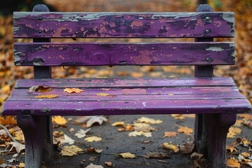 Naklejka premium Purple Wooden Bench with Peeling Paint in Autumn