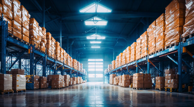 Warehouse concept with boxes and well lit aisle
