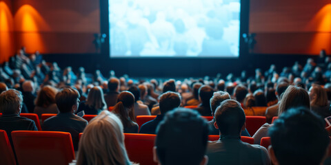 Audience in a darkened auditorium facing a screen.