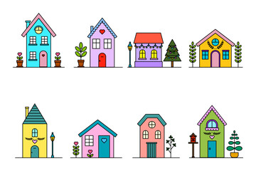 Colorful house icons. Cute home illustrations. Simple vector graphics. Whimsical residential designs.