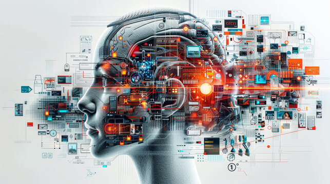 Futuristic AI Robot Head, Cybernetic Human Integration, Advanced Technology Interface