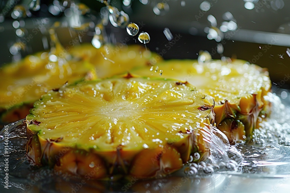 Poster   A slice of pineapple on a plate, with water droplets oozing from the top