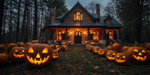 glowing pumpkin in front of the house at night, Halloween.