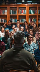 Obraz premium A speaker addresses a captivated audience in a library filled with books, creating an intimate learning atmosphere