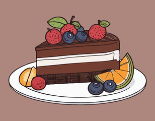 Chocolate cake with fruits isolated sketch