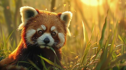 Fototapeta premium A close-up photo of a raccoon in a field of green grass with the sun illuminating its face