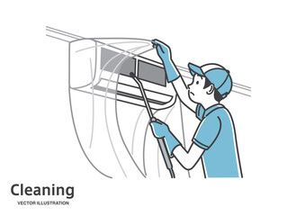 エアコンを掃除をするハウスクリーニングの男性