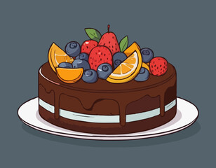 Chocolate cake with fruits isolated sketch