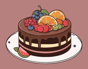 Chocolate cake with fruits isolated sketch