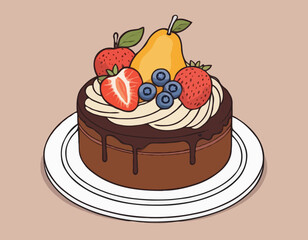 Chocolate cake with fruits isolated sketch