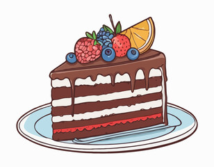 Chocolate cake with fruits isolated sketch