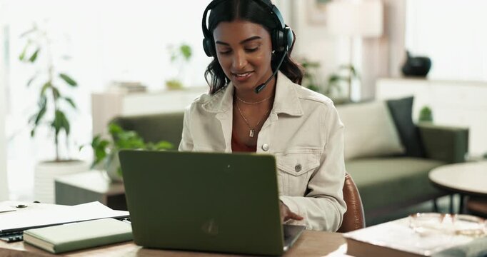 Woman, headset or laptop in home office for contact, scheduling or communication online. Female agent, virtual assistant and technology at table for planning, remote work and telemarketing or support
