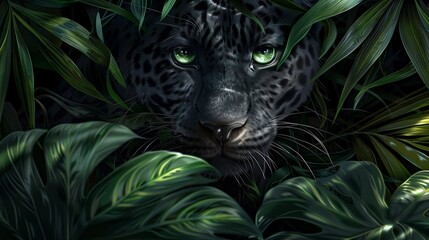 Majestic Black Jaguar Staring Through Dense Tropical Foliage in Lush Jungle Setting