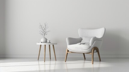Comfortable chair and table on white backdrop
