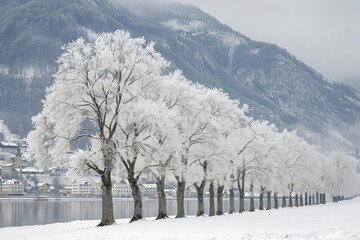 Row of Frost-Covered Trees Along a Lake in a Snowy Mountainous Landscape