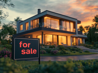 Fototapeta premium Modern house for sale at sunset with landscaped garden and clear sky with for sale board