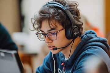 Young Student Engaged in Online Learning at Home During School Day