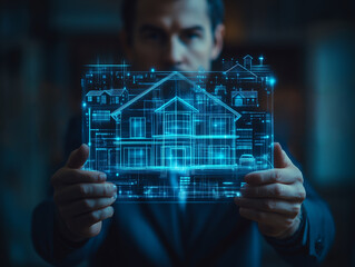Person holds a holographic blueprint of a modern house while surrounded by a tech-inspired environment during the evening