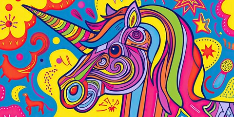 A colorful abstract unicorn with swirls and stars.