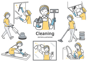 掃除をするエプロン姿の女性のイラストのセット素材