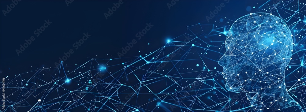Poster artificial intelligence concept with a human head and neural connections on a dark blue background v