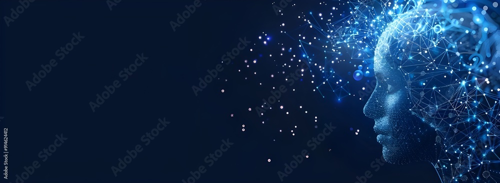 Poster artificial intelligence and clusters of neural networks connecting to a human head on a dark blue ba