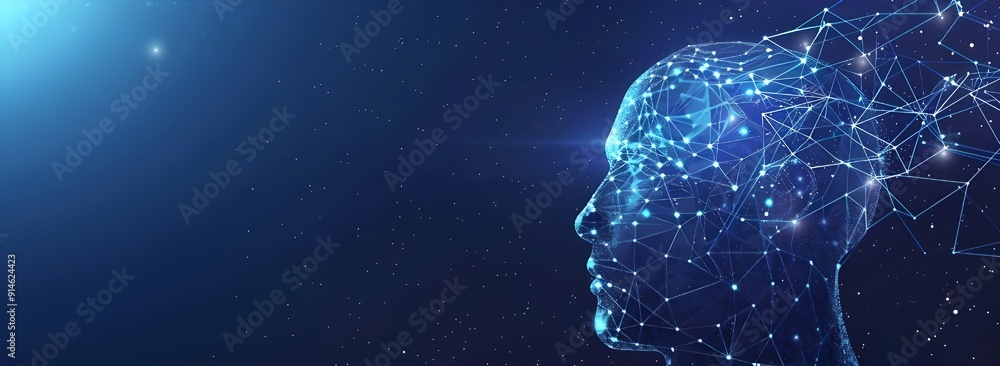 Poster artificial intelligence concept with a human head and neural connections on a dark blue background v