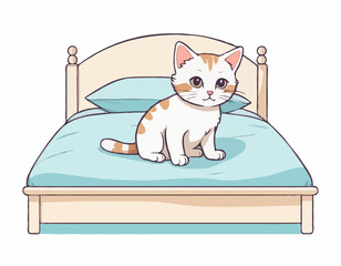 Kitten sitting on the bed on white background