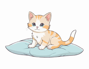 Kitten sitting on the bed on white background