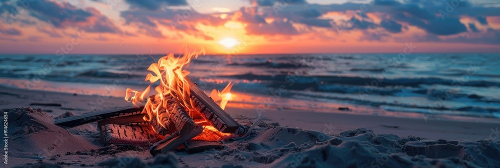 Canvas Prints beautiful sunset bonfire at the beach with burning firewood