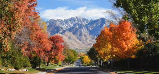 Obraz premium Colorful Autumn Foliage Framing a Scenic Mountain View on a Clear Day