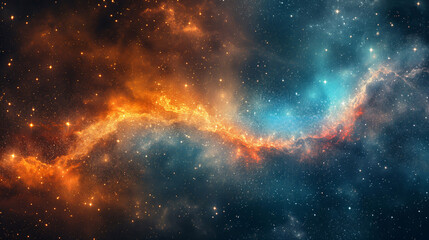 Fototapeta premium A colorful nebula glows in the vastness of space, showcasing a blend of orange, blue, and shimmering stars scattered throughout