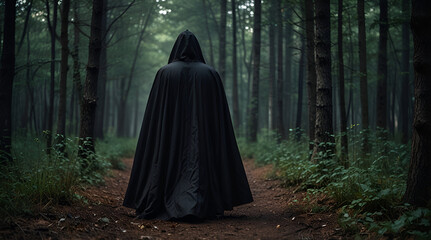 Naklejka premium A shadowy figure in a hooded black cloak ventures into the mystical forest. An anonymous medieval witch treads softly on the woodland path 