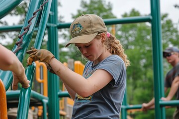 Young Girl Engaged in Playful Activity at Local Playground During Sunny Day