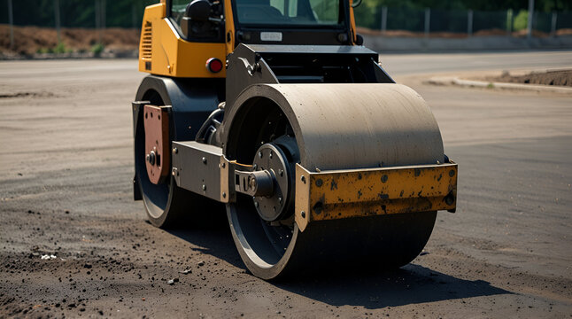Road roller operating during asphalt paving process on highway project