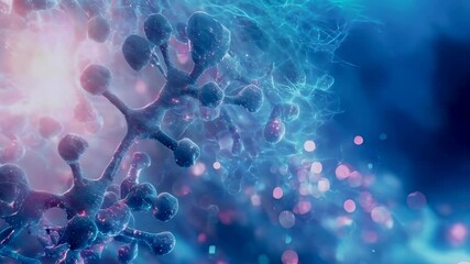 In a laboratory setting, a close-up view of a molecular structure is captured under a microscope. The vibrant, intricate details showcase the complexity of molecules, highlighted by luminous blue and