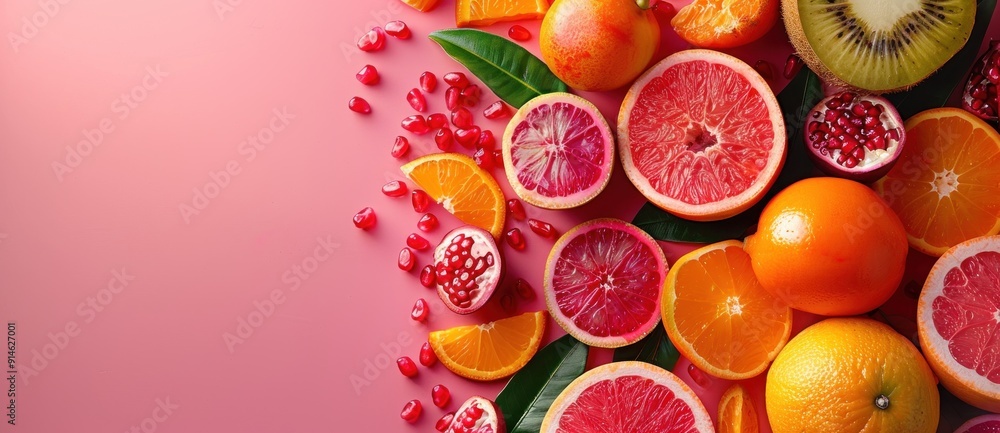 Sticker Vibrant Citrus Fruit Arrangement on Pink Background