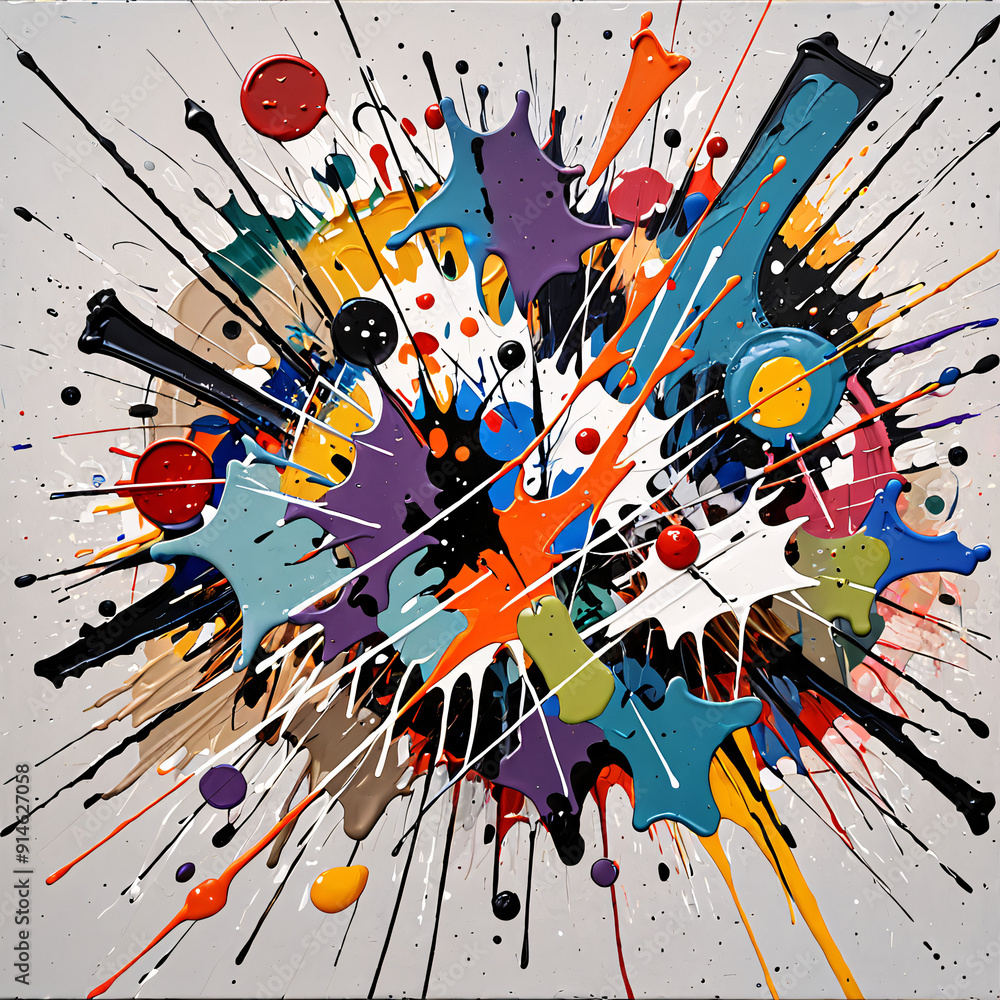 Poster a chaotic abstract artwork with splashes of paint and random shapes