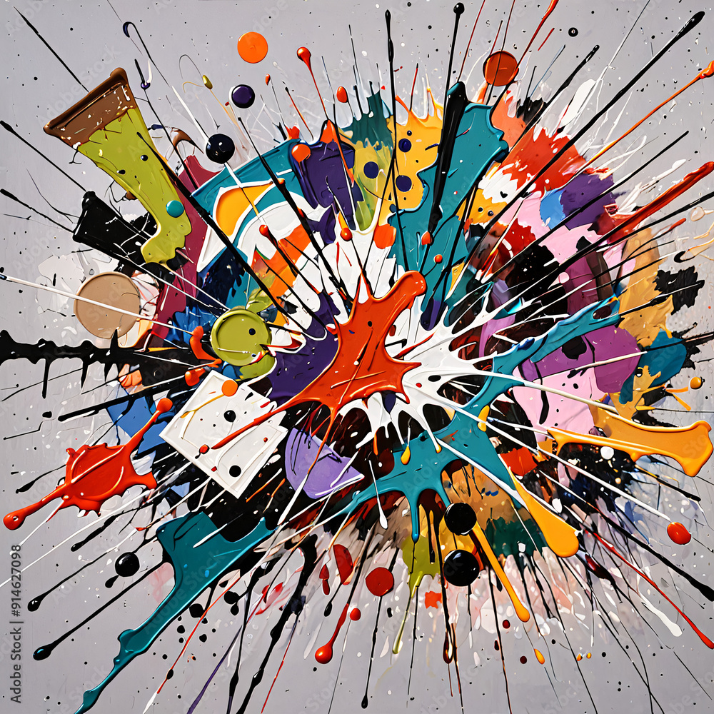 Poster a chaotic abstract artwork with splashes of paint and random shapes