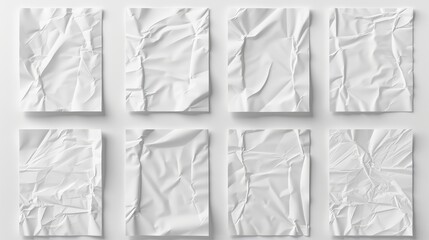 Template set of white wrinkled posters displayed as isolated glued paper mockup