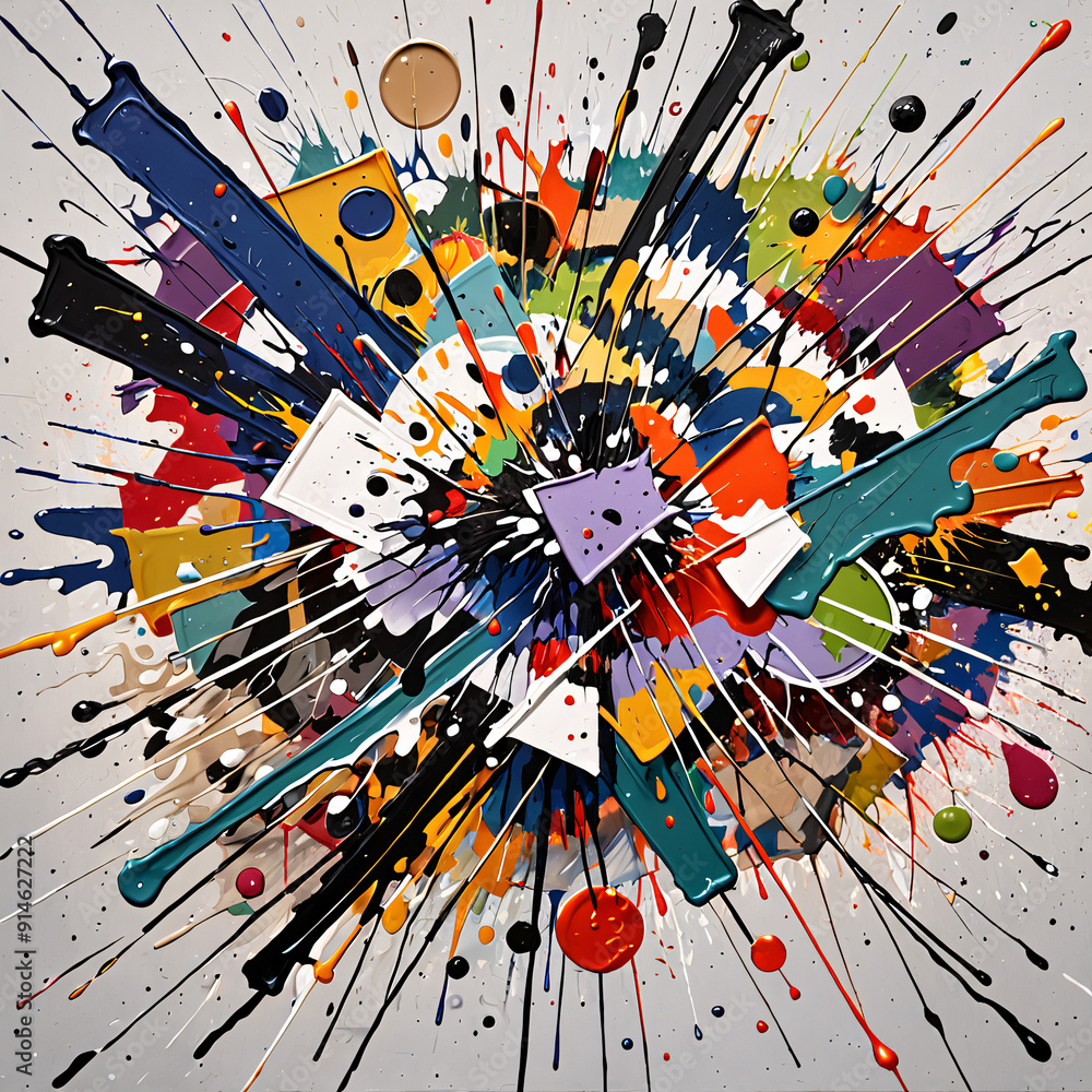 Poster a chaotic abstract artwork with splashes of paint and random shapes