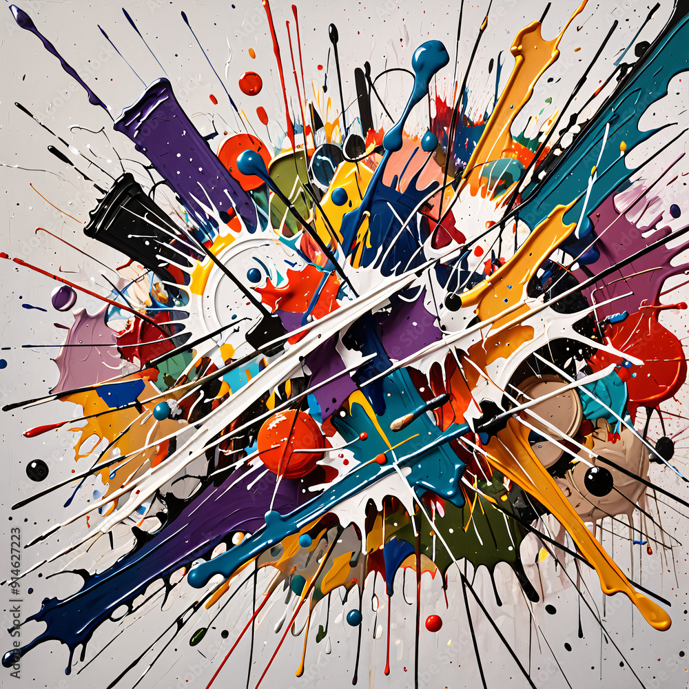 Poster a chaotic abstract artwork with splashes of paint and random shapes