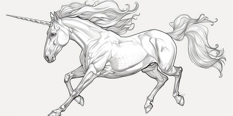 A detailed pen and ink drawing of a unicorn.